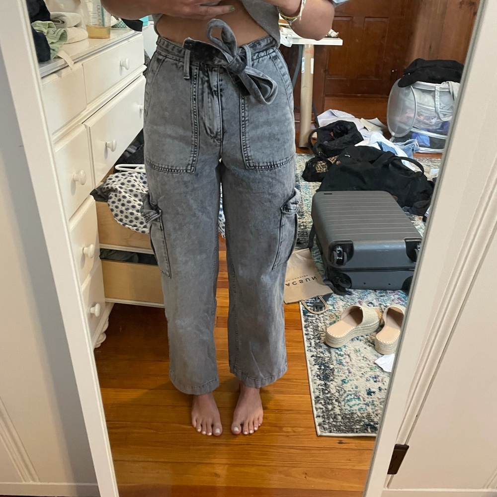 Grey/black washed cargo like pants.